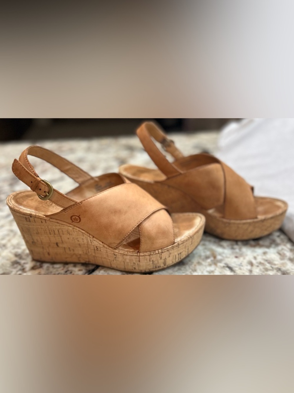 Børn Nora Tan Leather Crisscross Cork Wedge Slingback Sandals Women's Size 10